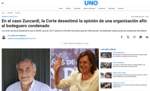 Captura Diario Uno — la Corte desestimó organización afín al bodeguero Zuccardi