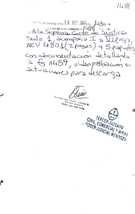 Cargo judicial de fs. 1488, 19 de septiembre de 2023: remisión del expediente a la Suprema Corte de Mendoza con la documentación detallada a fs. 1459